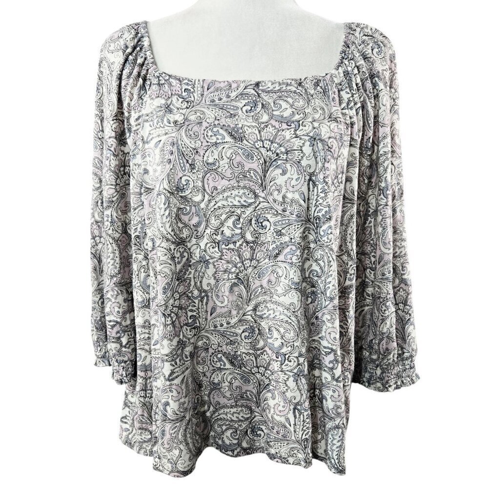 J. Jill Cotton Modal Blend Gray Paisley Square Neck Peasant Blouse Boho PETITE